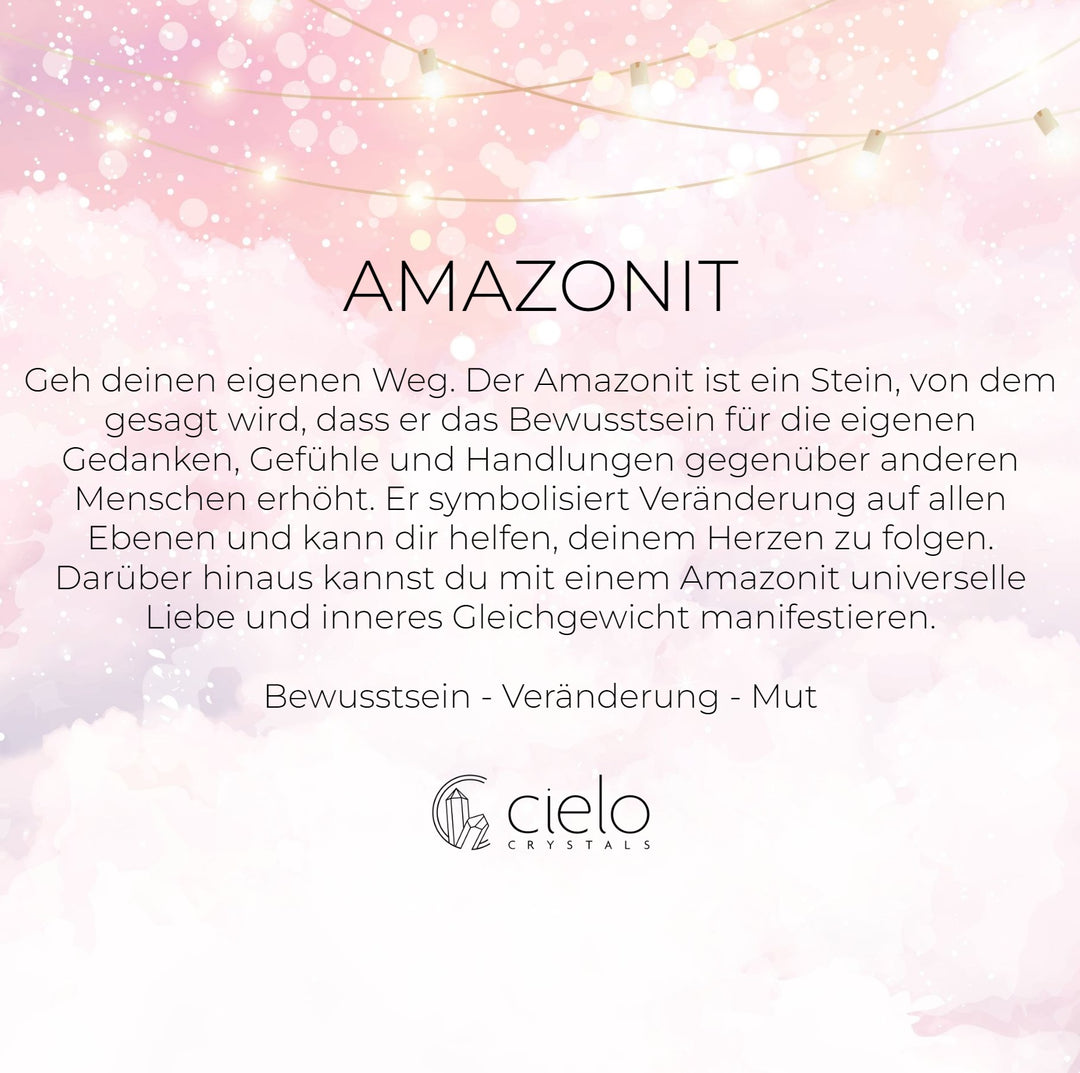 Amazonite-Informationen und Energien. Der Edelstein Amazonit steht für Bewusstsein, Veränderung und Mut.