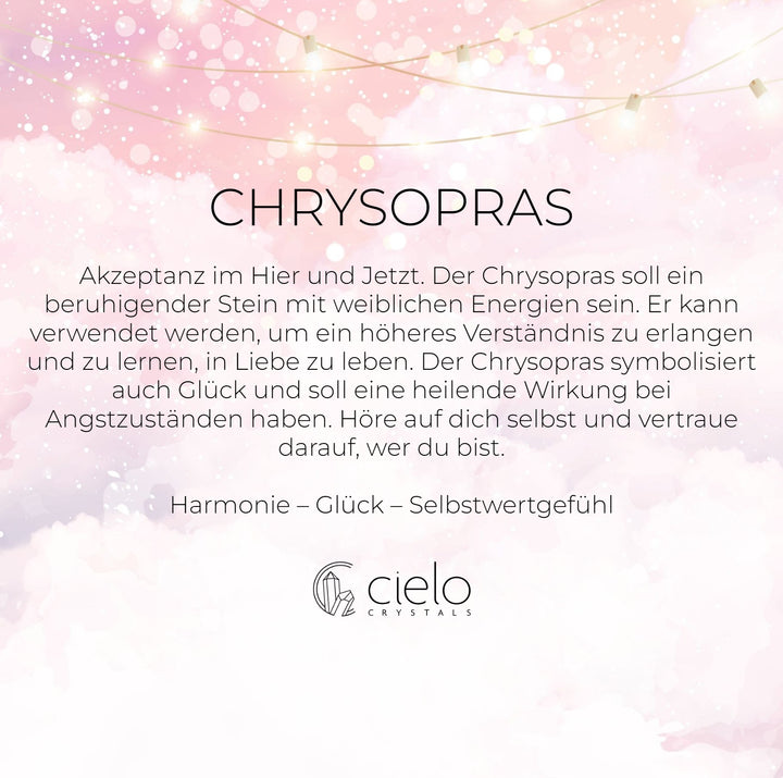 Informationen und Bedeutung von Chrysopras. Dem Edelstein Chrysopras wird nachgesagt, dass er Harmonie und Glück schenkt und das Selbstwertgefühl steigert.